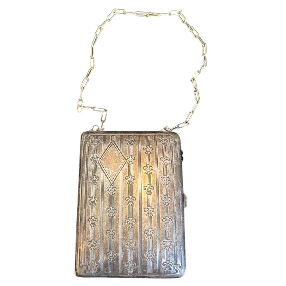 Antique Fleur-de-Lis Etched Silver Tone Metal Dance Purse Cigarette Case Mirror